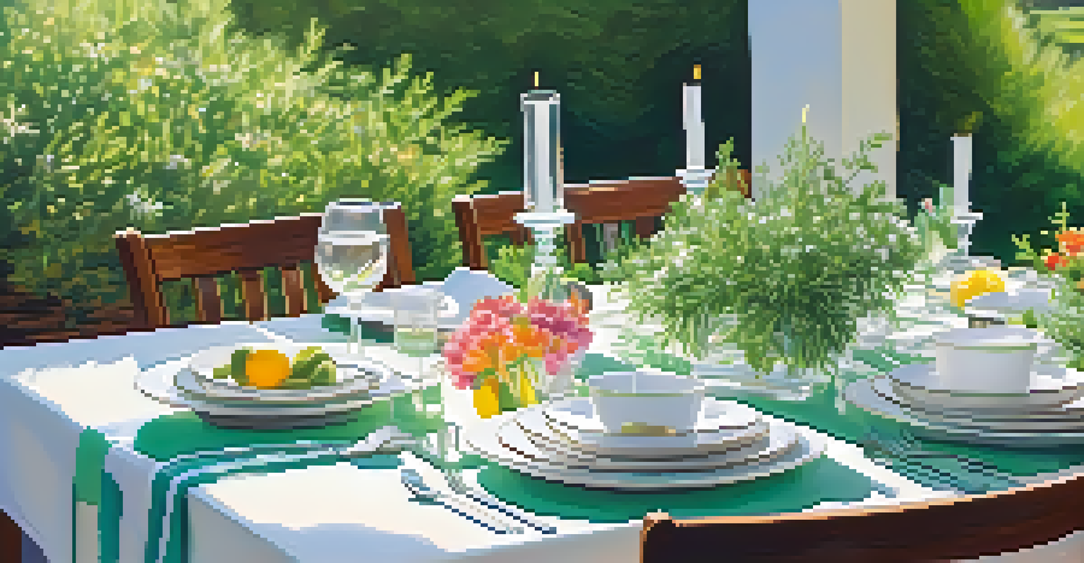 An outdoor dining table set for summer with a fresh herb centerpiece, elegant tableware, and bright sunlight.