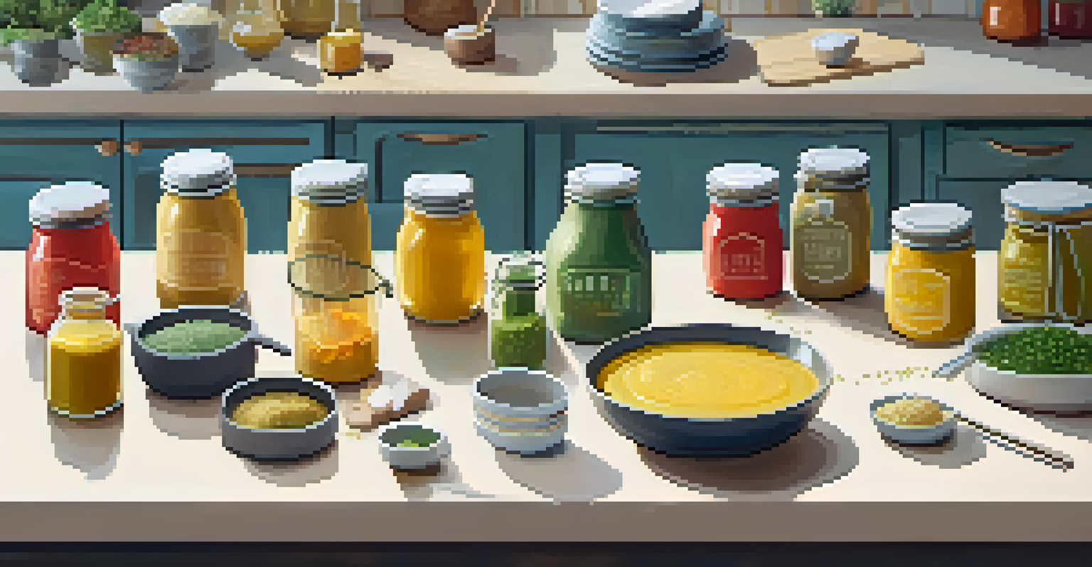 An overhead view of a vegan sauce preparation area with jars of emulsifiers and fresh ingredients on a colorful countertop.