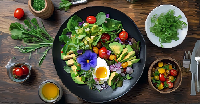 A top-down view of a vibrant vegan salad artfully arranged on a wooden table.