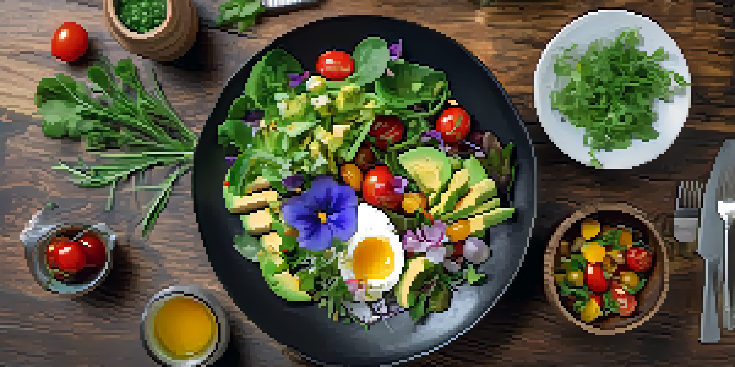 A top-down view of a vibrant vegan salad artfully arranged on a wooden table.