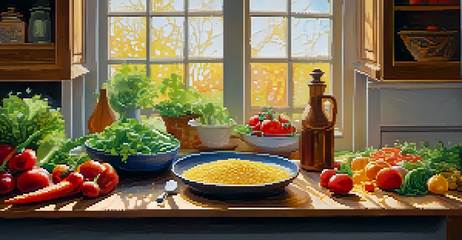 A wooden cutting board with colorful vegetables and a bowl of nutritional yeast flakes in a bright kitchen.