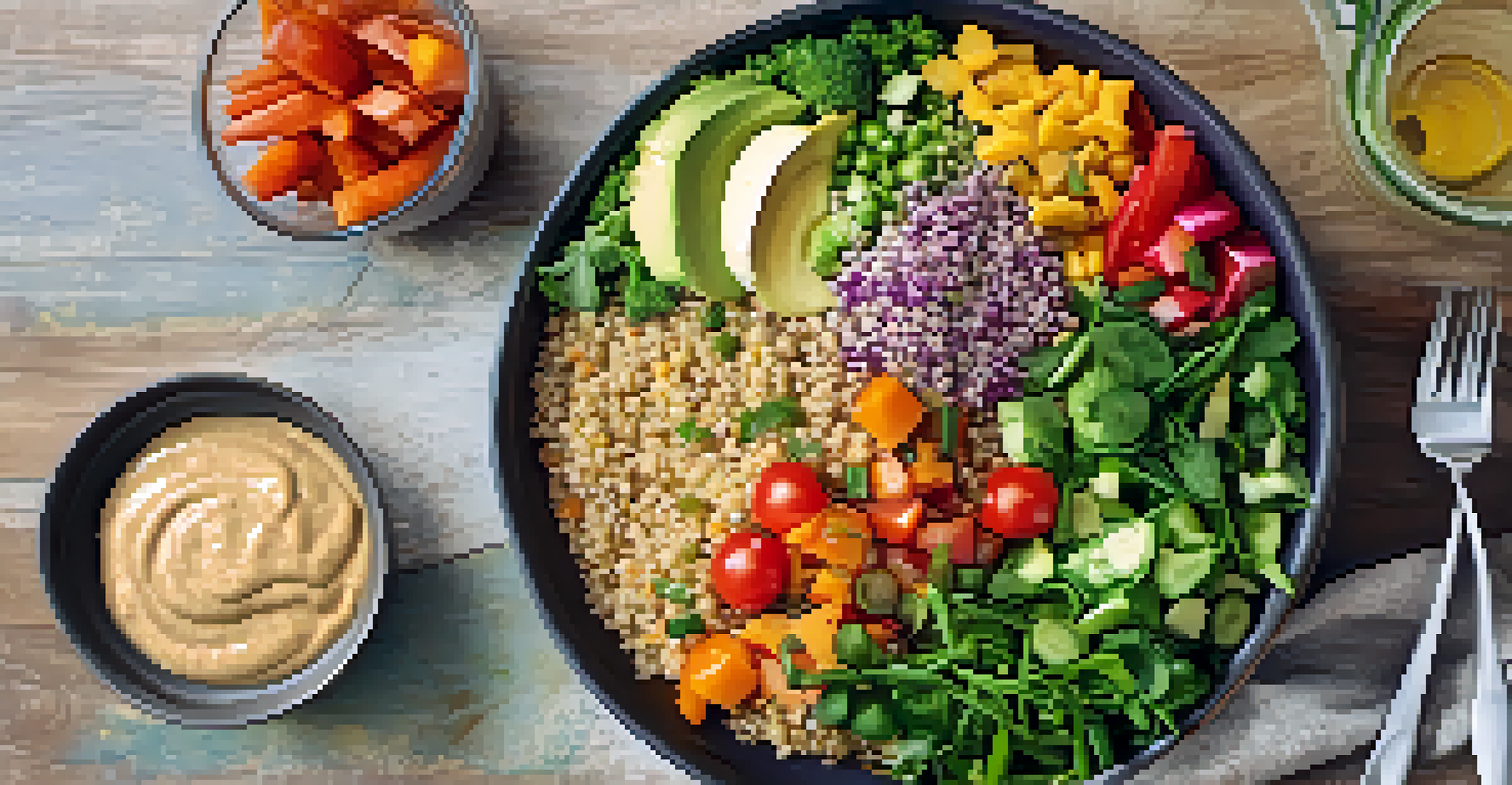 A colorful quinoa salad in a glass bowl with vibrant veggies, alongside whole grain wraps filled with hummus, set on a rustic wooden table.