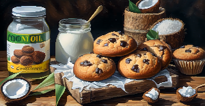 A collection of cookies and muffins made with coconut oil, displayed on a wooden table with fresh coconuts.