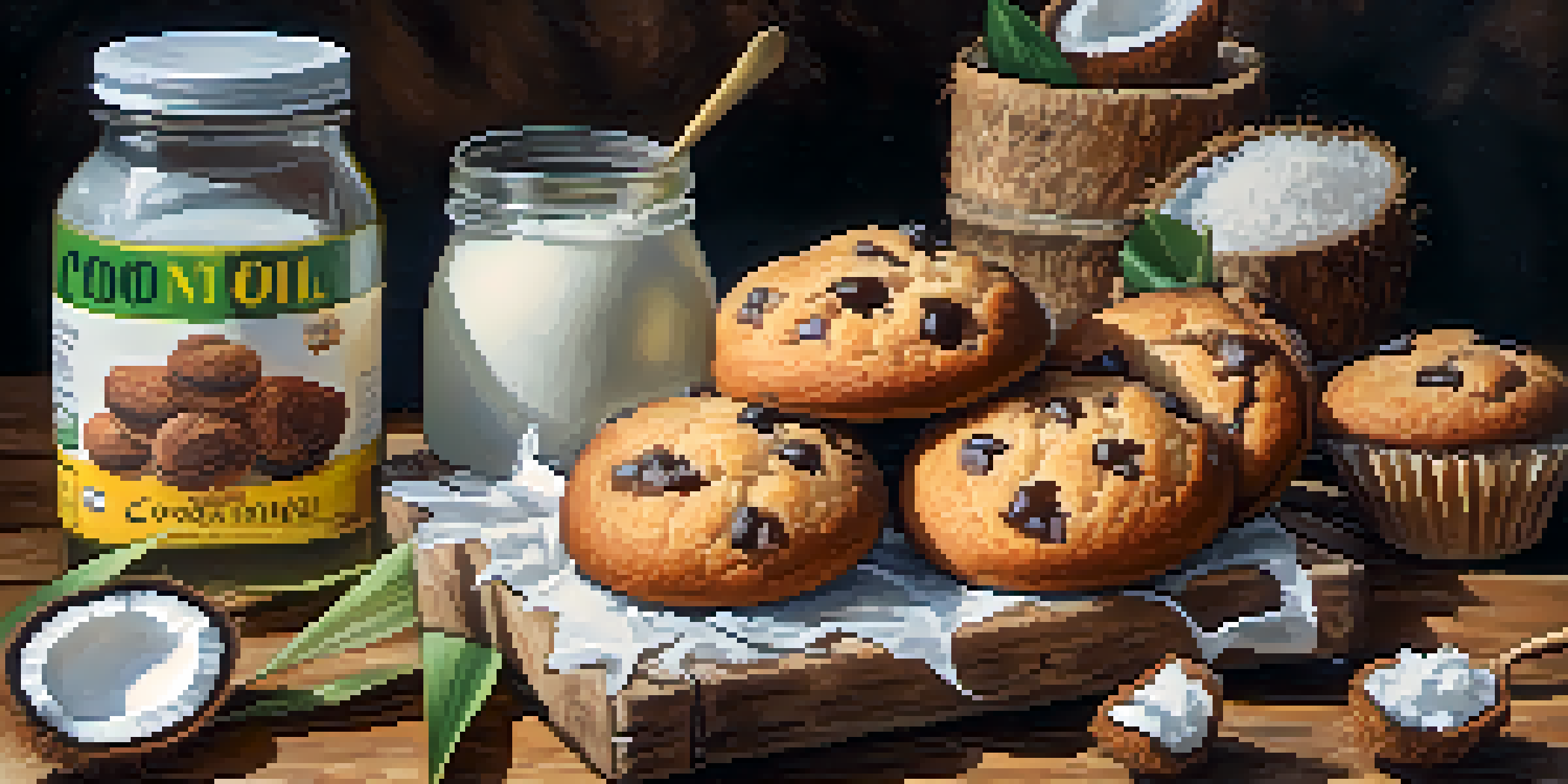 A collection of cookies and muffins made with coconut oil, displayed on a wooden table with fresh coconuts.