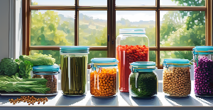 A kitchen countertop with various colorful vegan meals in glass containers, illuminated by soft natural light.