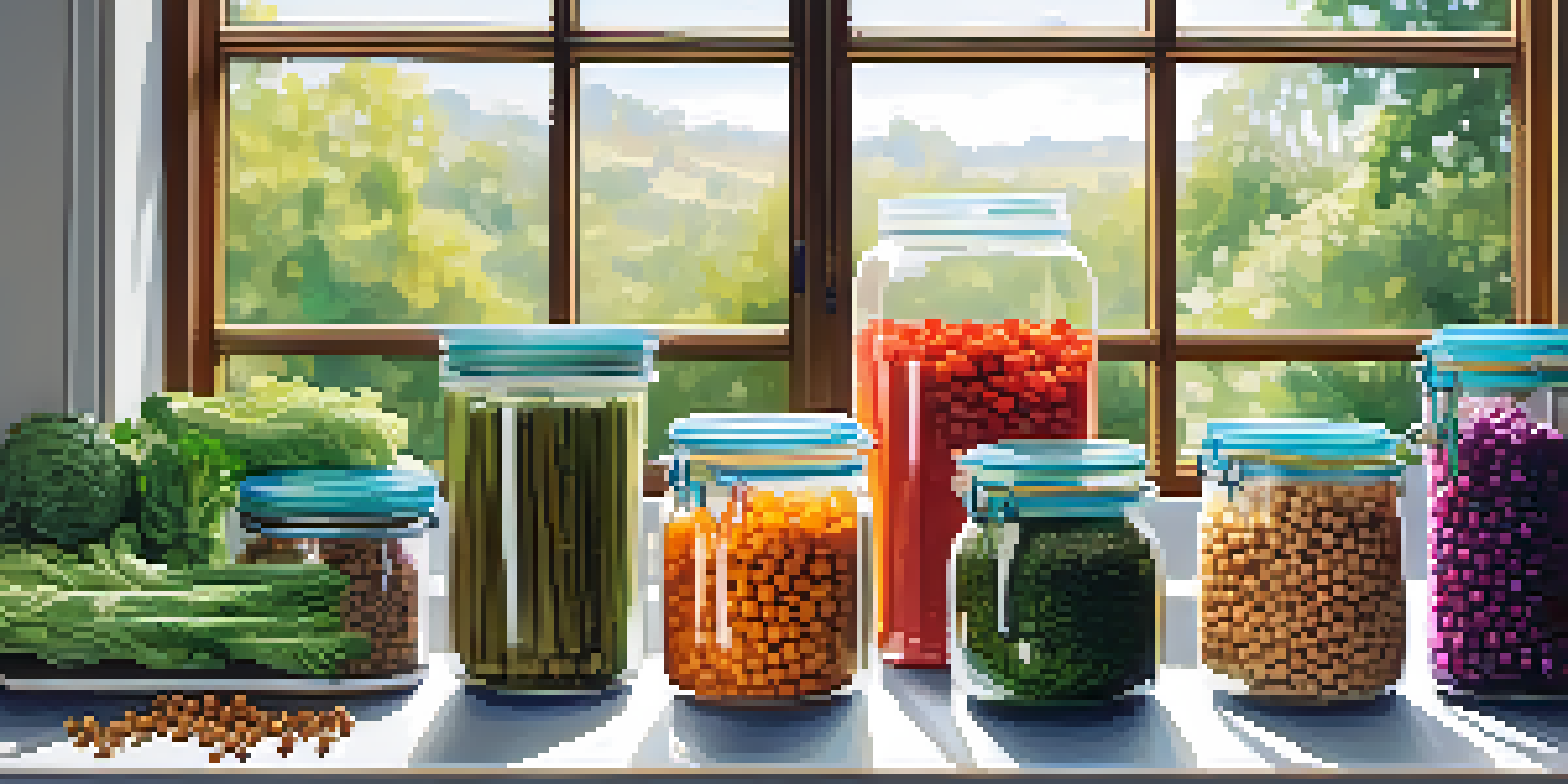 A kitchen countertop with various colorful vegan meals in glass containers, illuminated by soft natural light.