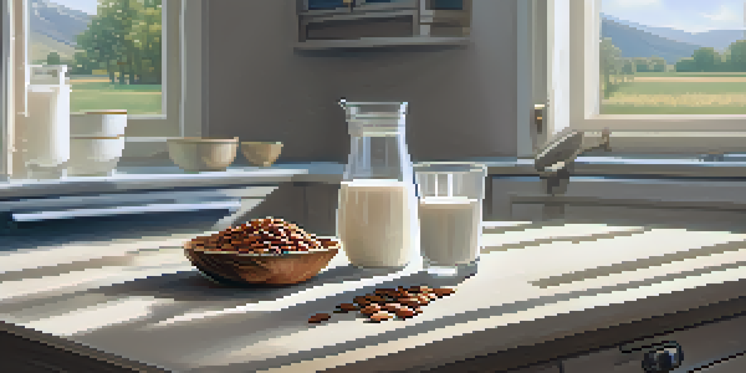 A glass of almond milk on a wooden countertop with almonds and granola, illuminated by natural sunlight.