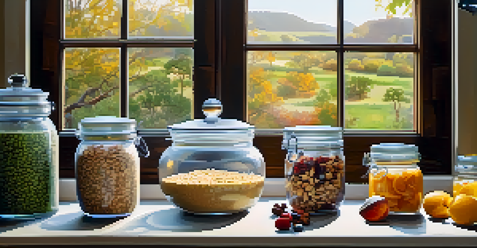 Jars of overnight oats topped with fruits and nuts on a rustic kitchen counter, with fresh fruits and plants in the background, illuminated by morning light.