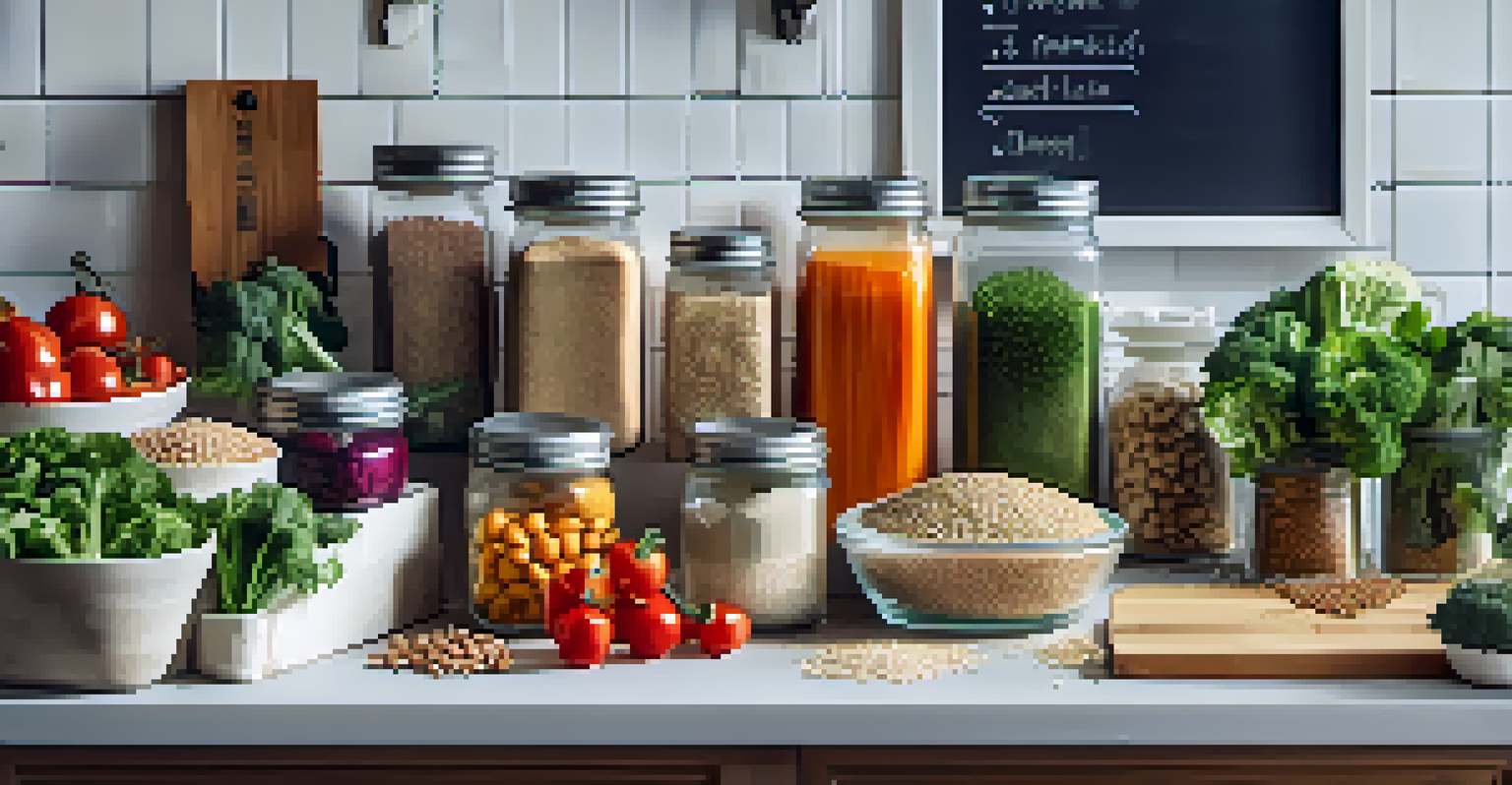 A meal prep setup with containers of fresh vegetables, grains, and legumes on a kitchen counter, accompanied by a chalkboard sign with meal plans.