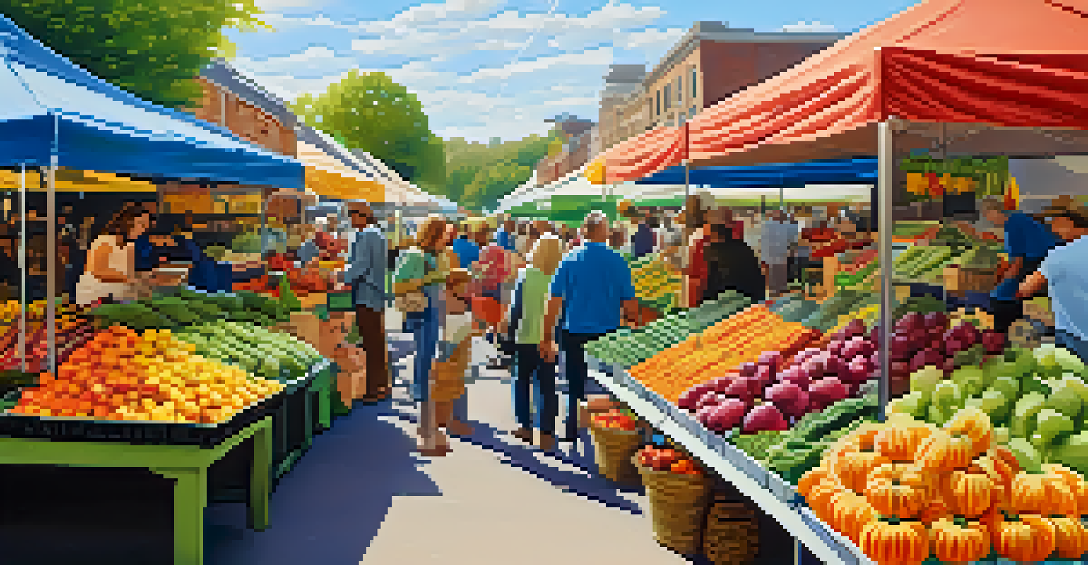 A lively farmer's market with colorful organic produce and shoppers, promoting plant-based living.