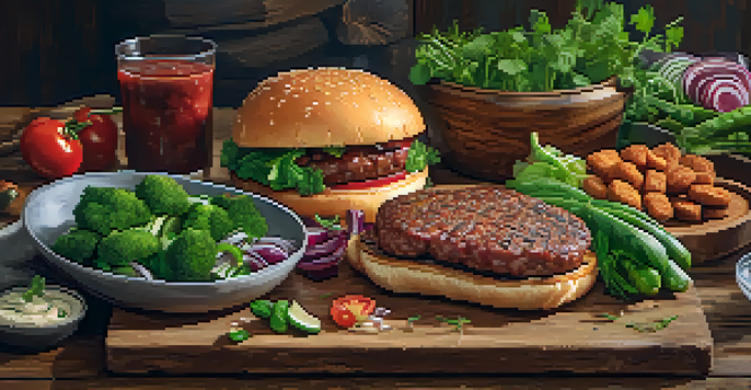 A colorful arrangement of plant-based meat alternatives on a wooden table, featuring burgers, sausages, and vegetables.