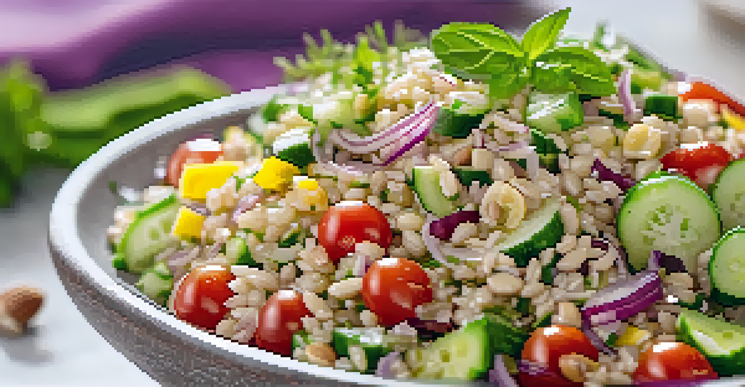 A clear glass bowl of brown rice salad with vegetables and nuts, placed in a bright setting with fresh herbs.