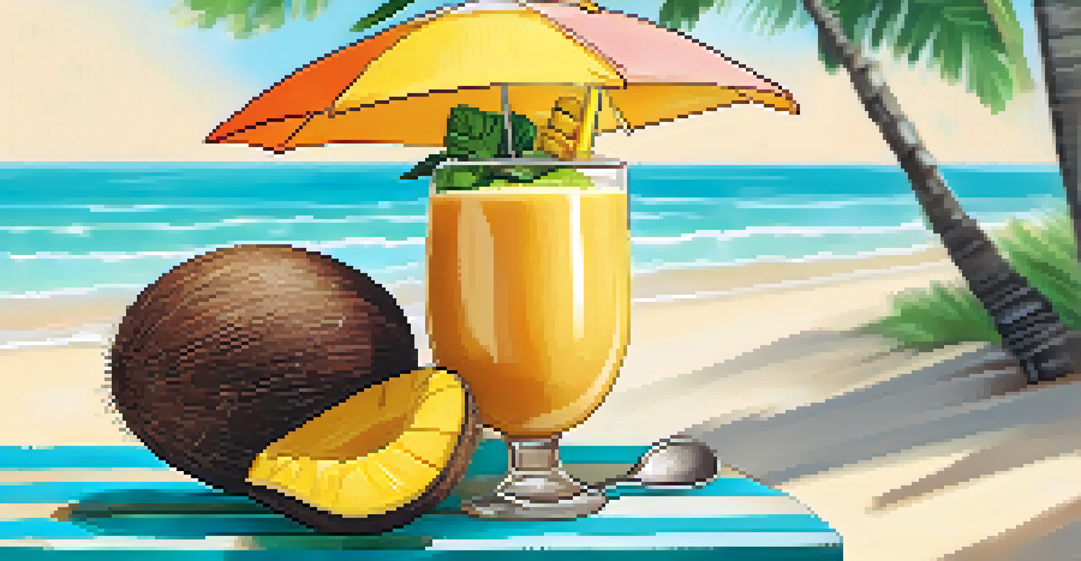 A tropical smoothie in a coconut shell with mango and spinach, decorated with a slice of mango and an umbrella, on a beach with blue water.