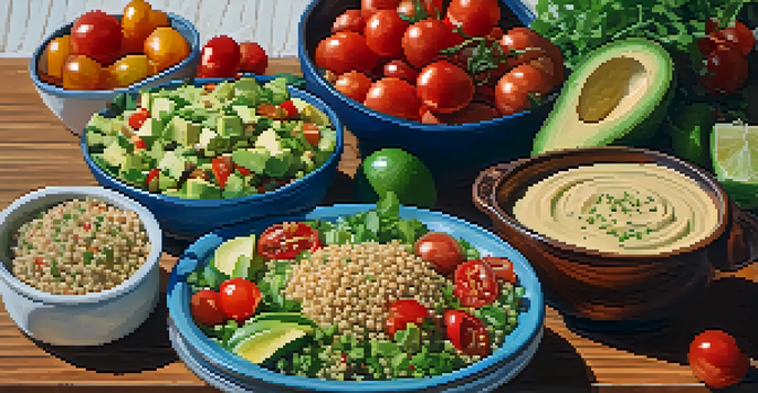 A colorful vegan meal on a wooden table, including quinoa salad, avocado, hummus, and fresh vegetables under soft natural light.