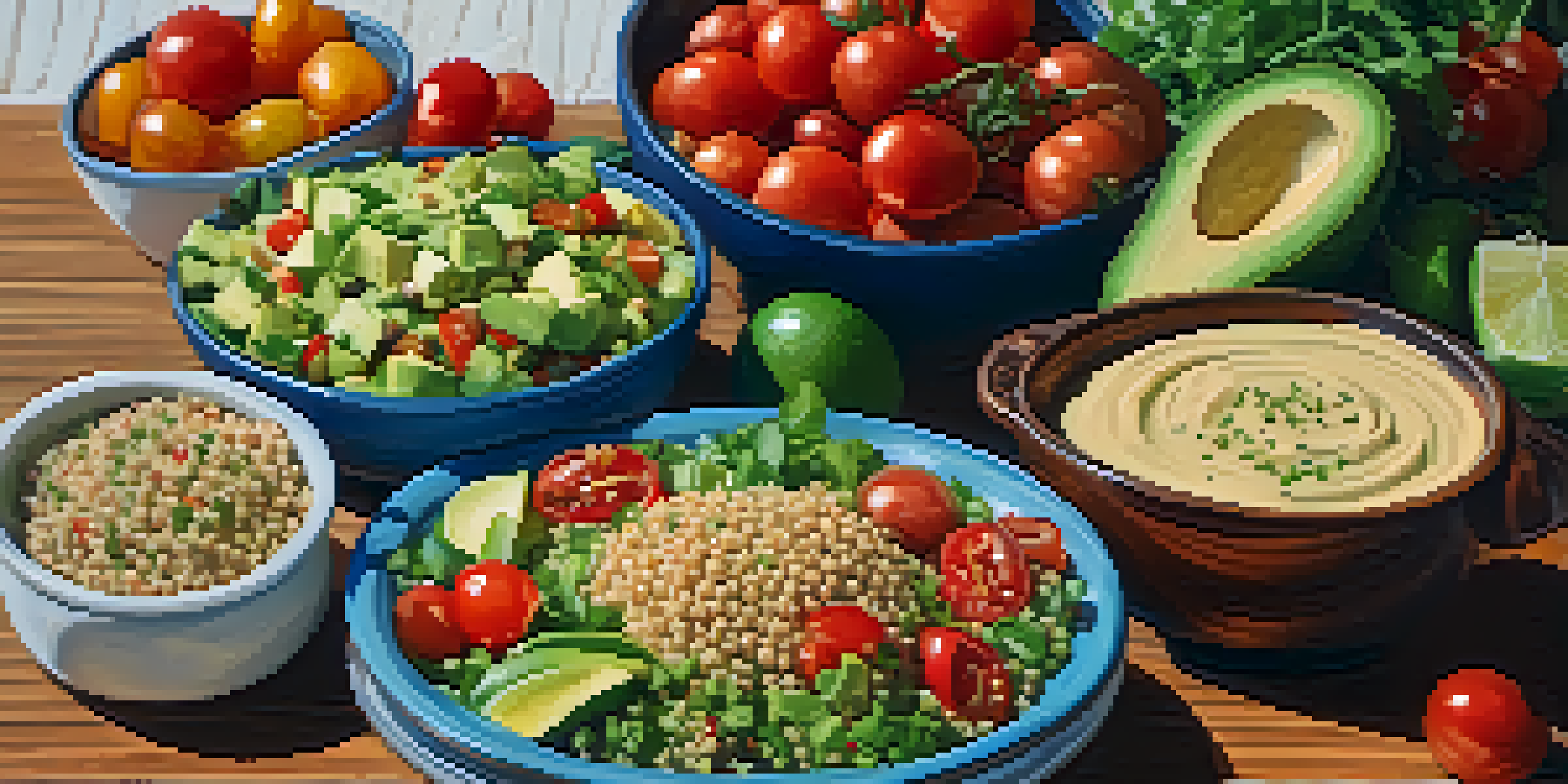 A colorful vegan meal on a wooden table, including quinoa salad, avocado, hummus, and fresh vegetables under soft natural light.