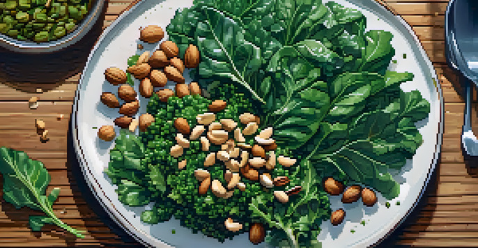 A colorful flat lay of a vegan meal with leafy greens, nuts, and seeds on a wooden table, illuminated by natural light.