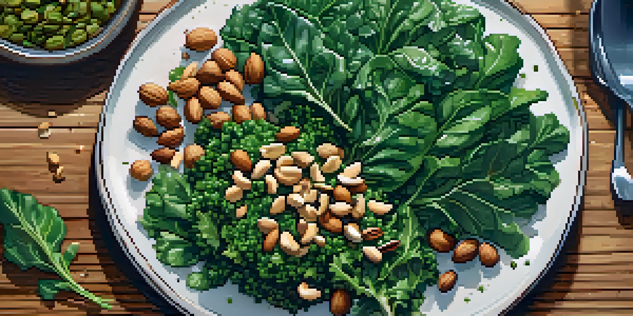A colorful flat lay of a vegan meal with leafy greens, nuts, and seeds on a wooden table, illuminated by natural light.
