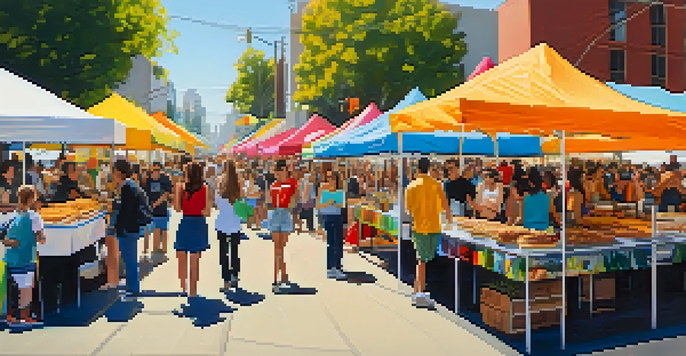 A lively Vegan Street Fair with colorful food stalls and people enjoying vegan dishes under a sunny sky.