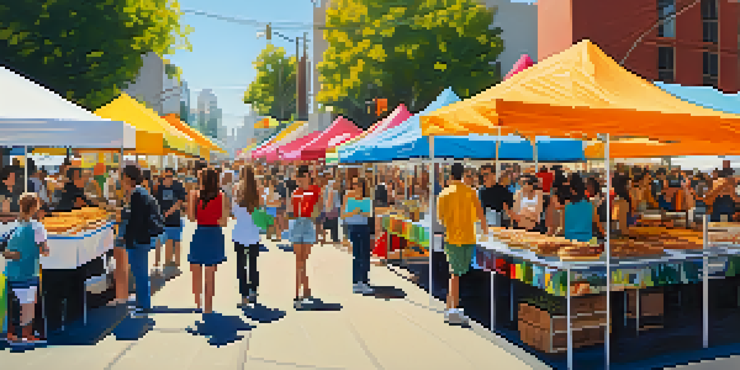 A lively Vegan Street Fair with colorful food stalls and people enjoying vegan dishes under a sunny sky.