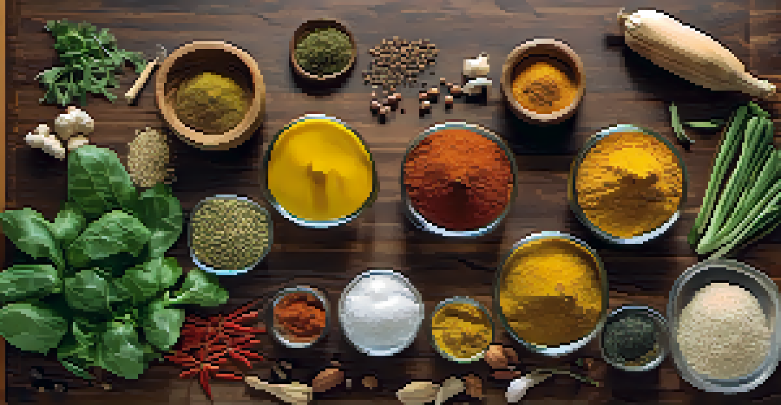 An overhead view of spices and fresh vegetables for Indian curry on a kitchen countertop.