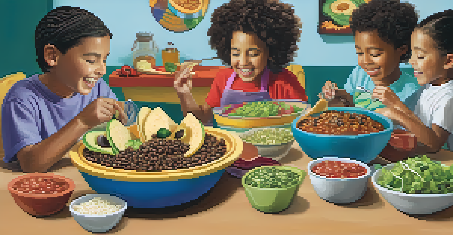 Children enjoying a DIY taco night, assembling their tacos with lentils, beans, and colorful toppings.