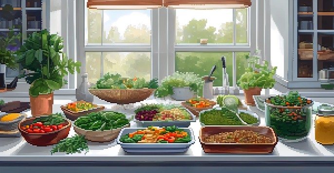 A kitchen counter displaying colorful vegan meal prep containers filled with different plant-based dishes, alongside fresh vegetables and herbs.