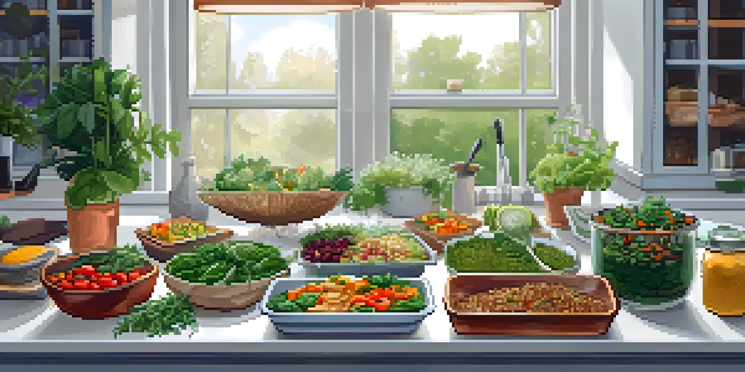 A kitchen counter displaying colorful vegan meal prep containers filled with different plant-based dishes, alongside fresh vegetables and herbs.