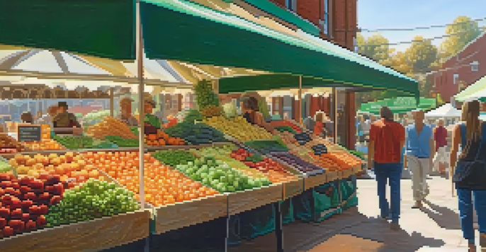 A busy farmer's market filled with colorful fruits, vegetables, and plant-based products, with shoppers interacting and a local farmer presenting their crops.