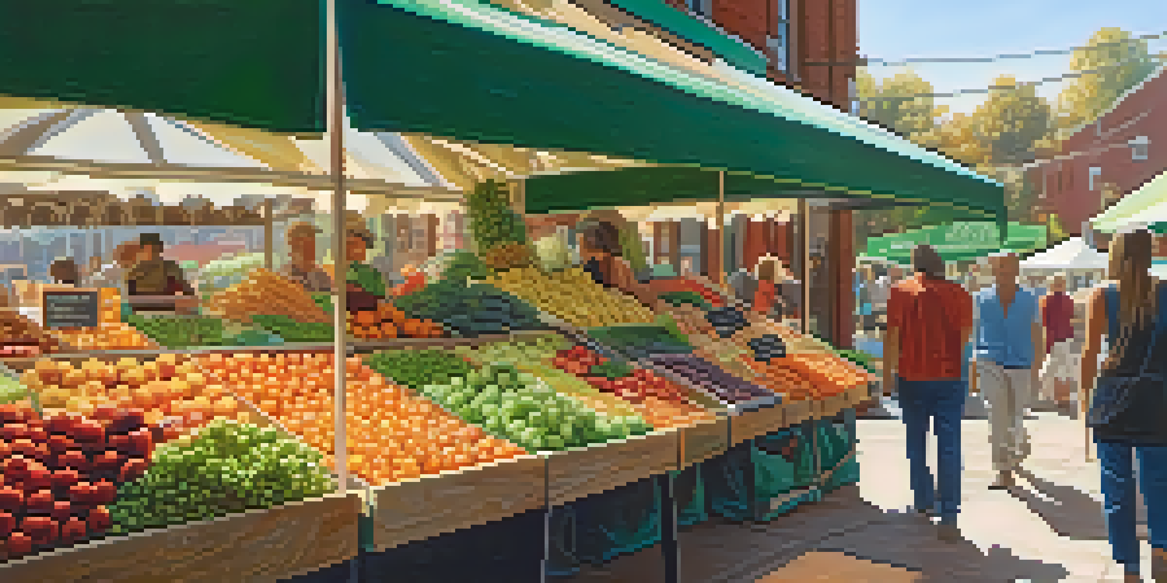 A busy farmer's market filled with colorful fruits, vegetables, and plant-based products, with shoppers interacting and a local farmer presenting their crops.