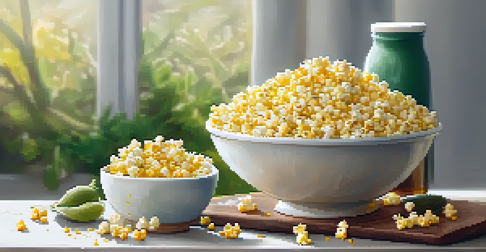 A snack table with popcorn sprinkled with nutritional yeast and a bowl of yeast flakes, alongside lemonade.
