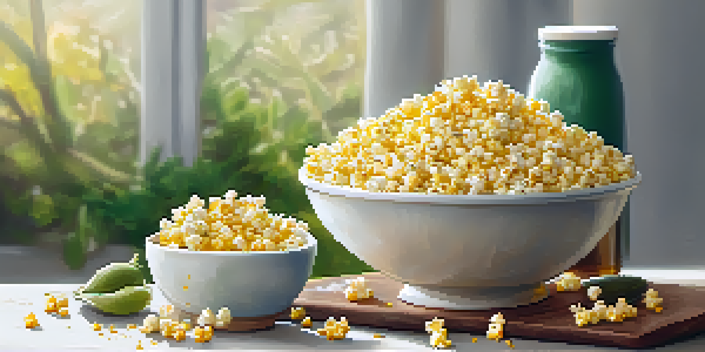 A snack table with popcorn sprinkled with nutritional yeast and a bowl of yeast flakes, alongside lemonade.