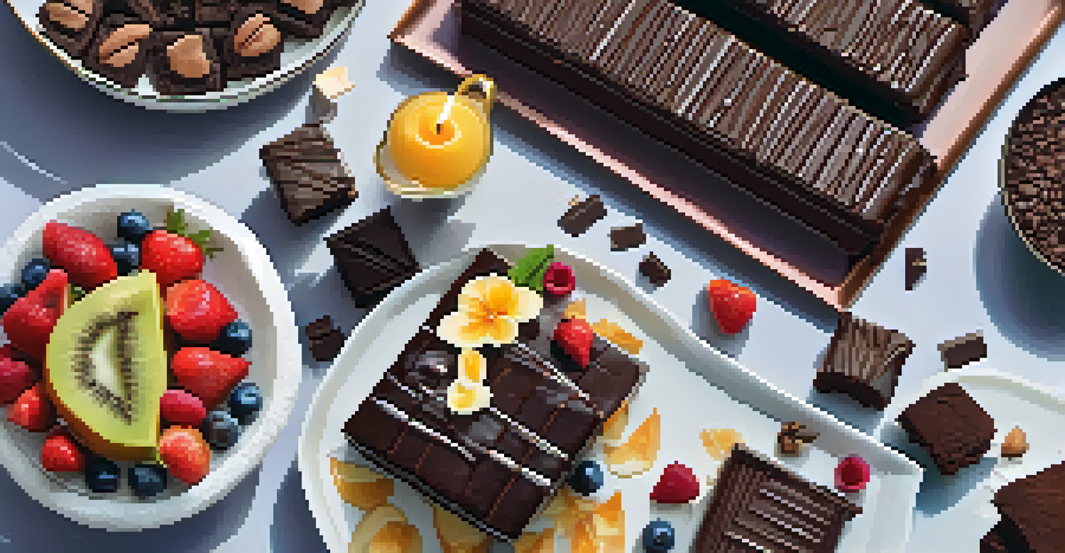 An assortment of vegan chocolate treats displayed on a table, featuring various desserts and garnishes.