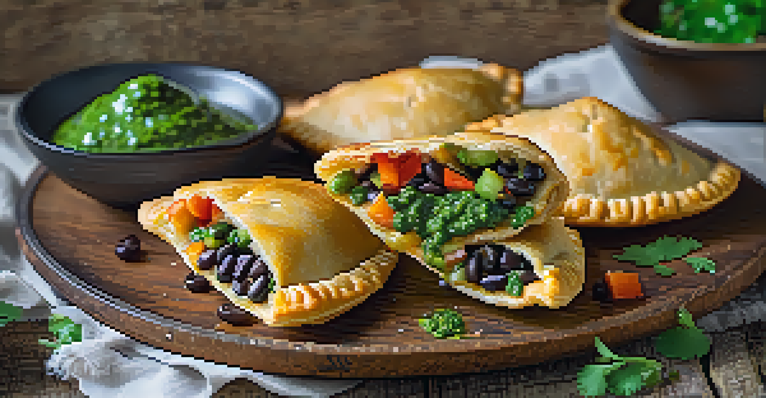 A plate of golden brown vegan empanadas with chimichurri sauce on a rustic wooden table.