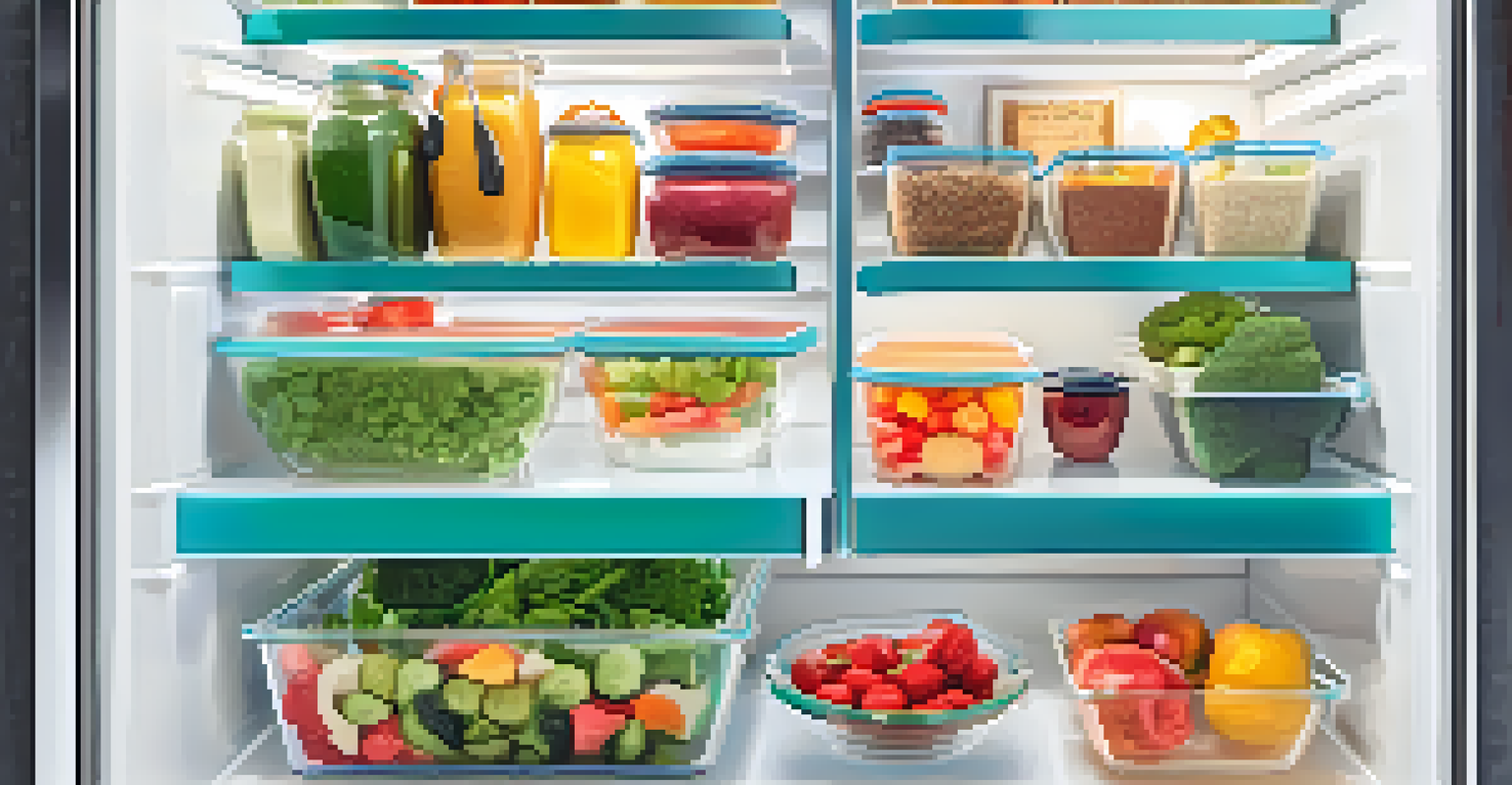 A neatly organized fridge filled with colorful containers of healthy vegan meals, showcasing freshness and creativity.