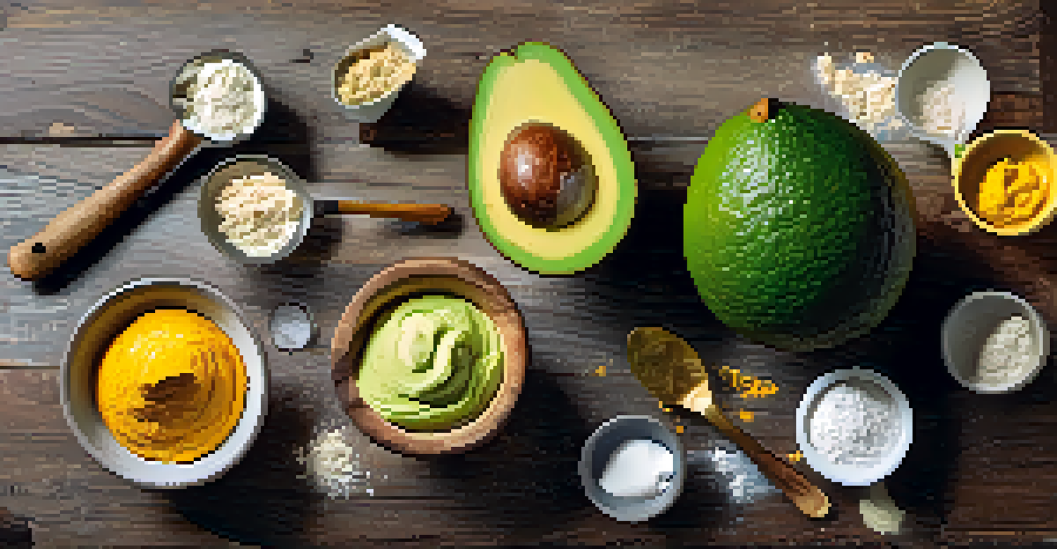 An artistic arrangement of vegan baking substitutes including avocados, mashed bananas, pumpkin puree, and aquafaba on a wooden board.