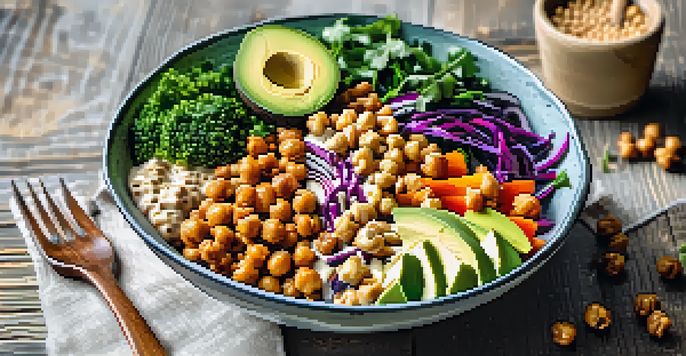 A colorful vegan grain bowl with roasted chickpeas, avocado, and fresh vegetables drizzled with tahini dressing, illuminated by natural sunlight.