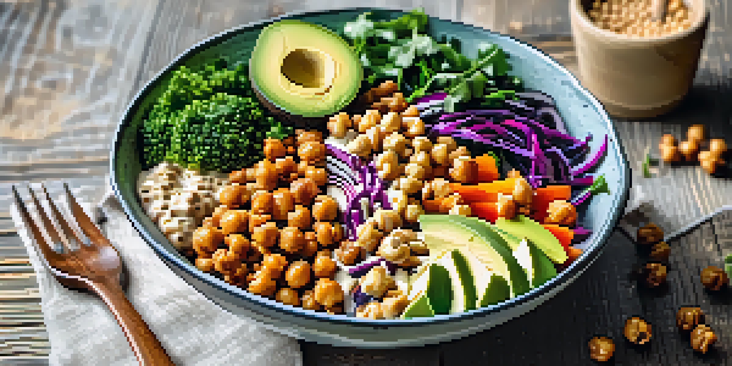 A colorful vegan grain bowl with roasted chickpeas, avocado, and fresh vegetables drizzled with tahini dressing, illuminated by natural sunlight.