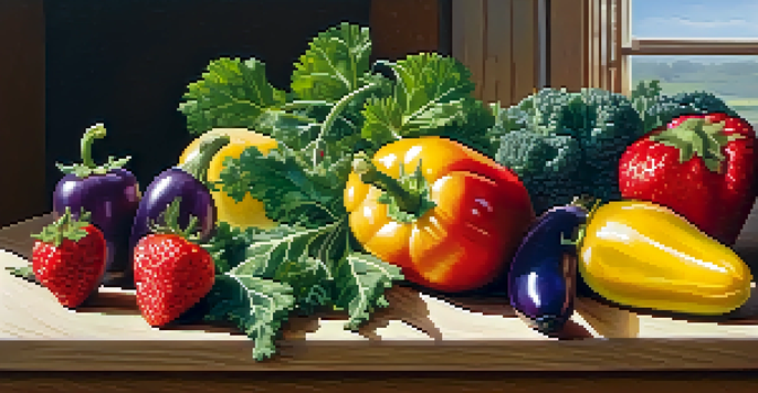 A heart-shaped arrangement of colorful fruits and vegetables on a wooden table, illuminated by sunlight.