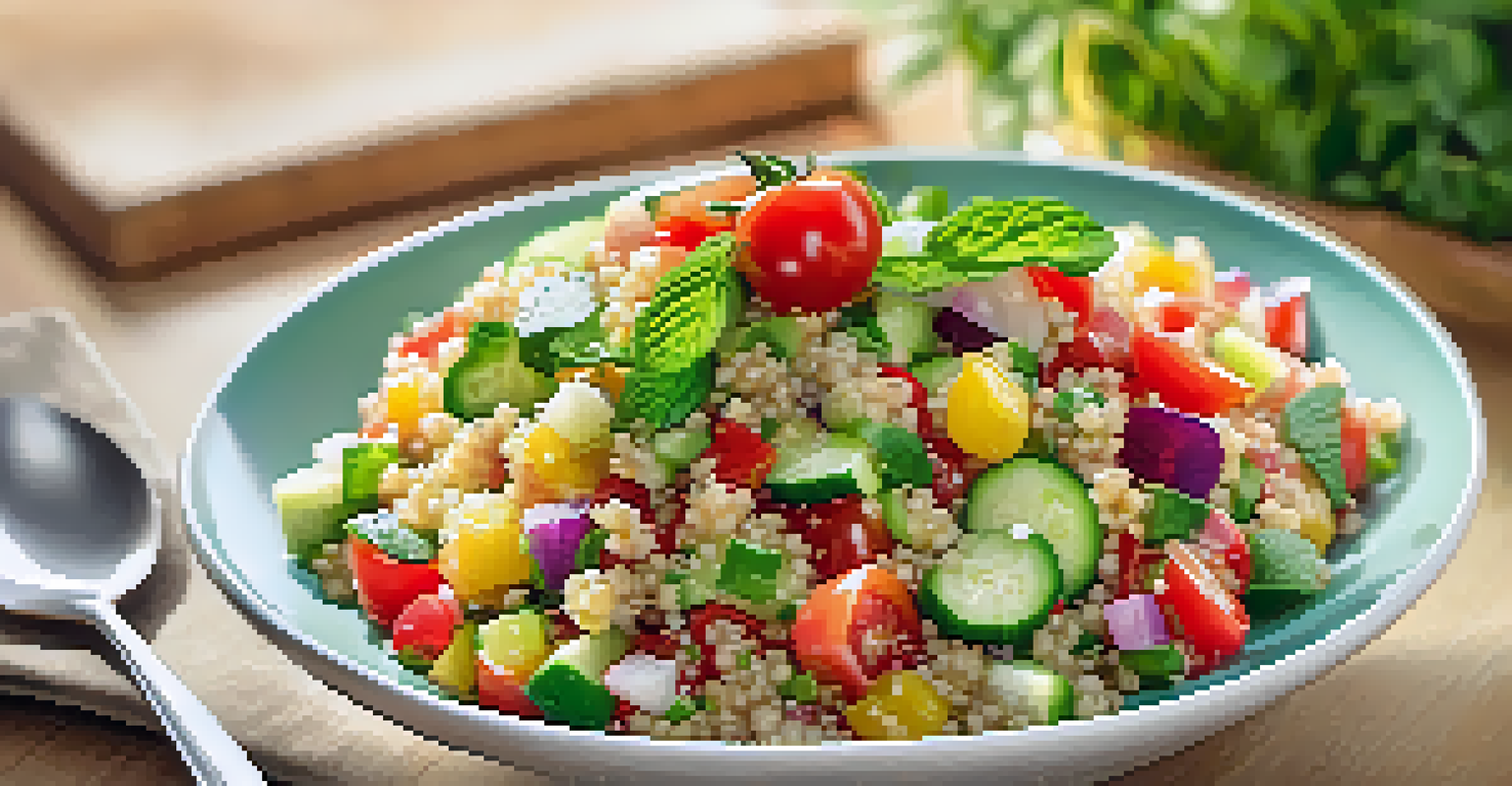 A vibrant quinoa salad with cucumbers, tomatoes, and mint leaves in a white bowl, illuminated by natural sunlight.