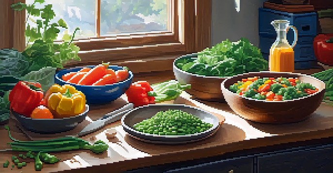 A kitchen countertop with a variety of fresh vegetables, grains, and legumes arranged for a vegan meal kit, illuminated by natural sunlight.