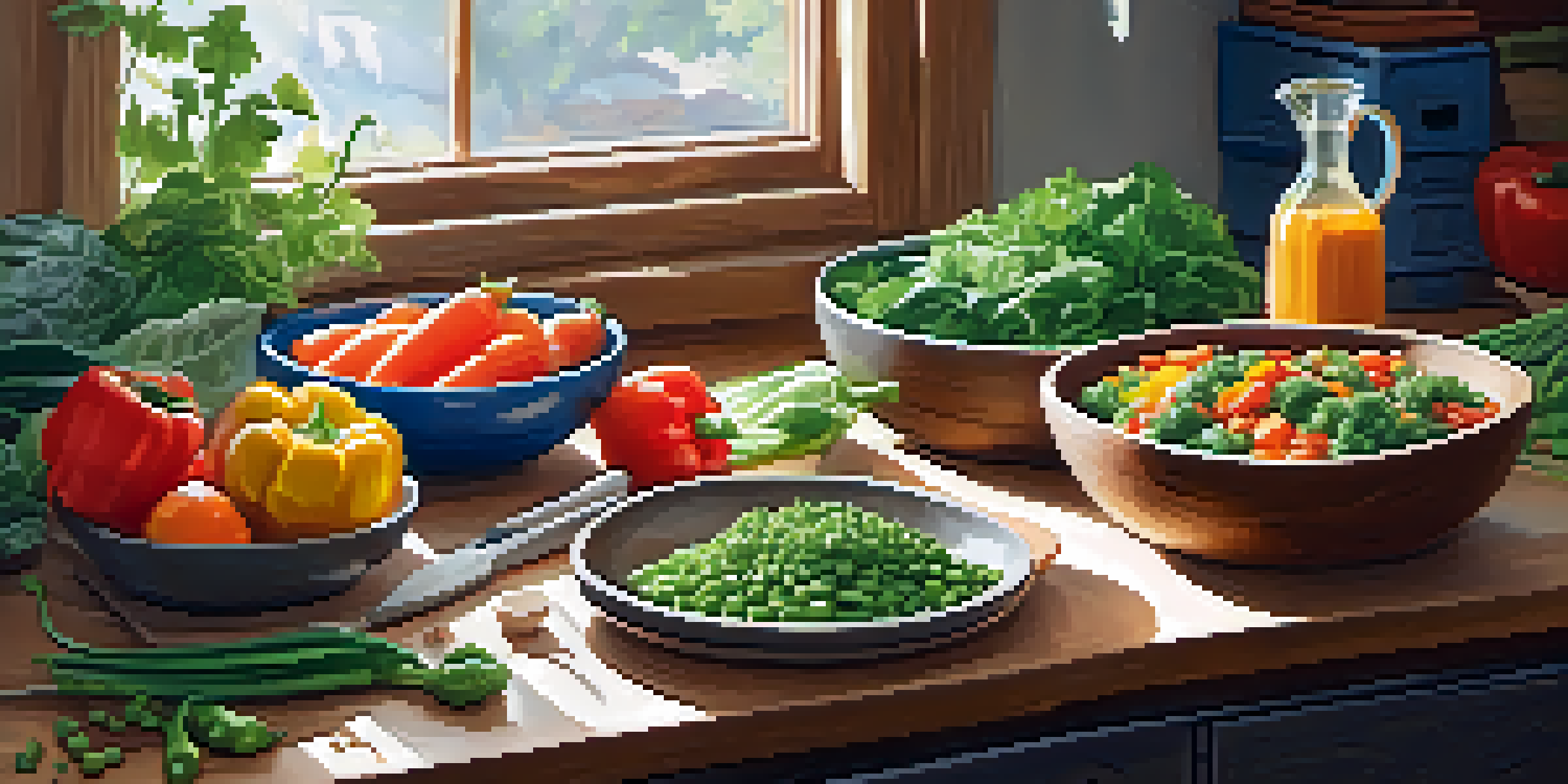 A kitchen countertop with a variety of fresh vegetables, grains, and legumes arranged for a vegan meal kit, illuminated by natural sunlight.
