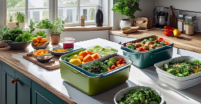A bright kitchen countertop displaying colorful containers of vegan meal prep including quinoa, leafy greens, and fresh fruits, with natural light illuminating the scene.