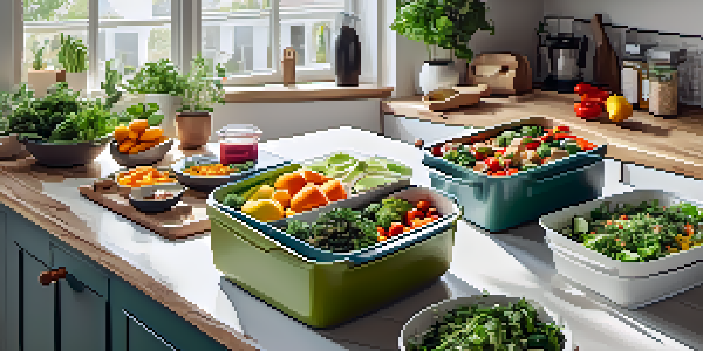 A bright kitchen countertop displaying colorful containers of vegan meal prep including quinoa, leafy greens, and fresh fruits, with natural light illuminating the scene.