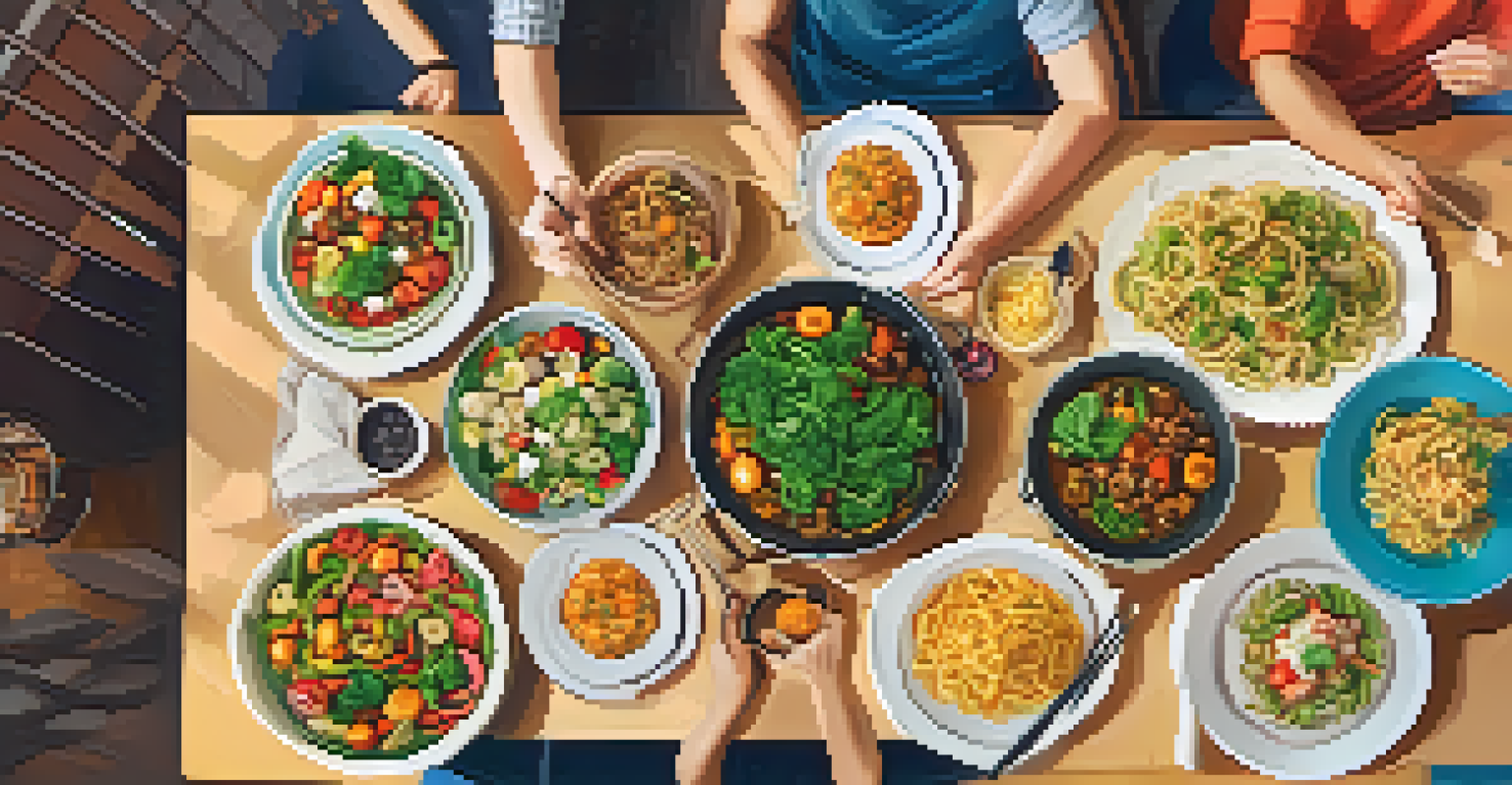 A family sitting around a dining table, enjoying a variety of colorful vegan dishes and smiling together.