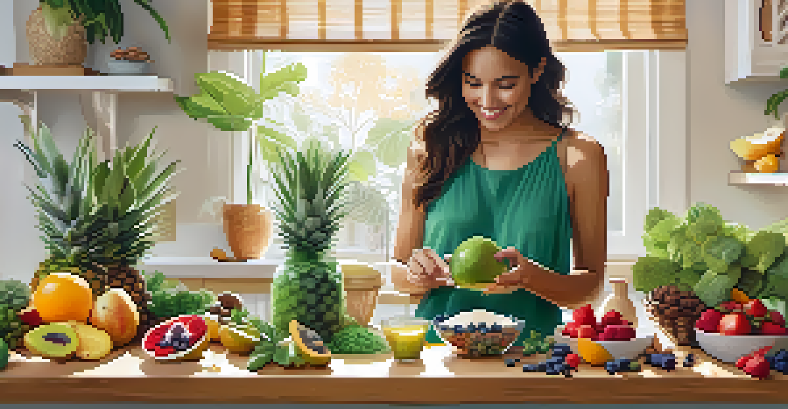 A person making a fiber-rich vegan smoothie bowl in a bright kitchen, with vibrant toppings arranged on the bowl.