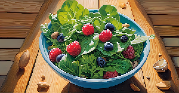 A colorful salad bowl filled with leafy greens, berries, nuts, and seeds, illuminated by sunlight on a wooden table.
