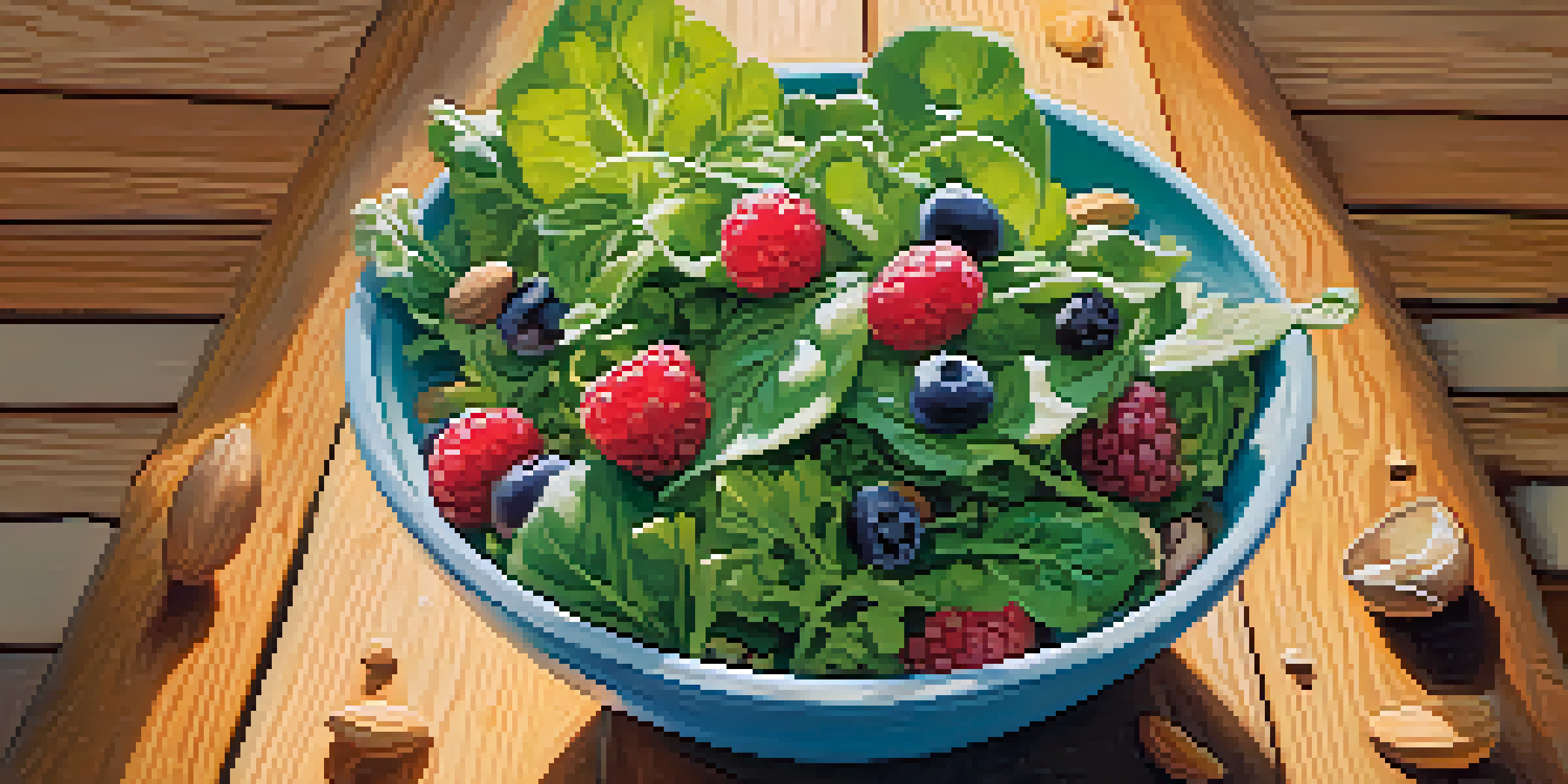 A colorful salad bowl filled with leafy greens, berries, nuts, and seeds, illuminated by sunlight on a wooden table.