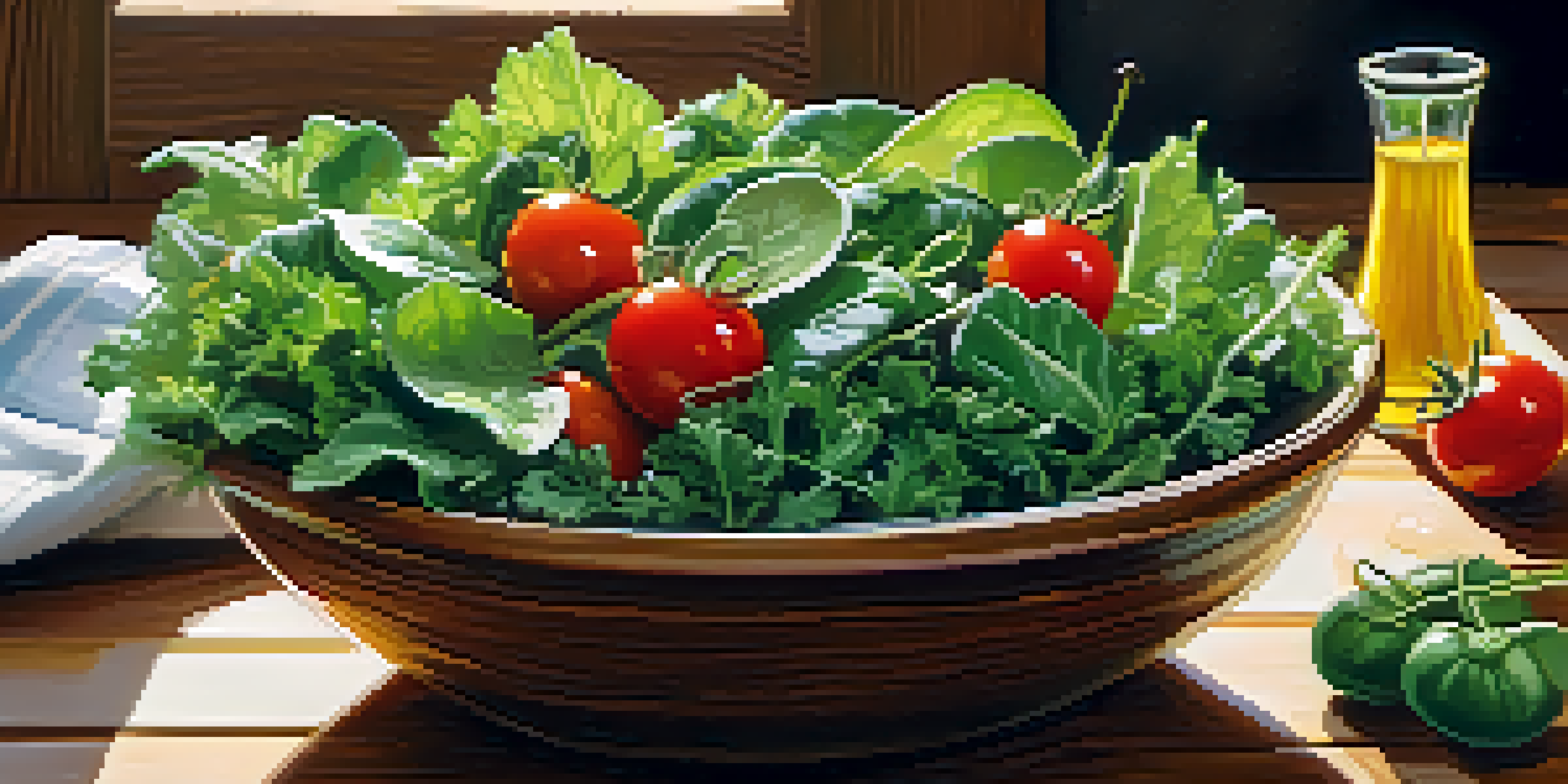 A colorful salad bowl filled with fresh leafy greens and vegetables, illuminated by soft sunlight.