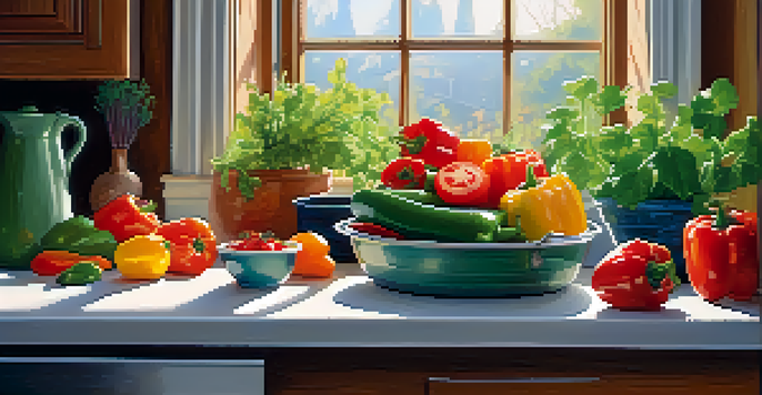 A sunlit kitchen featuring a wooden table filled with fresh, colorful vegetables and an open cookbook showcasing a plant-based recipe.