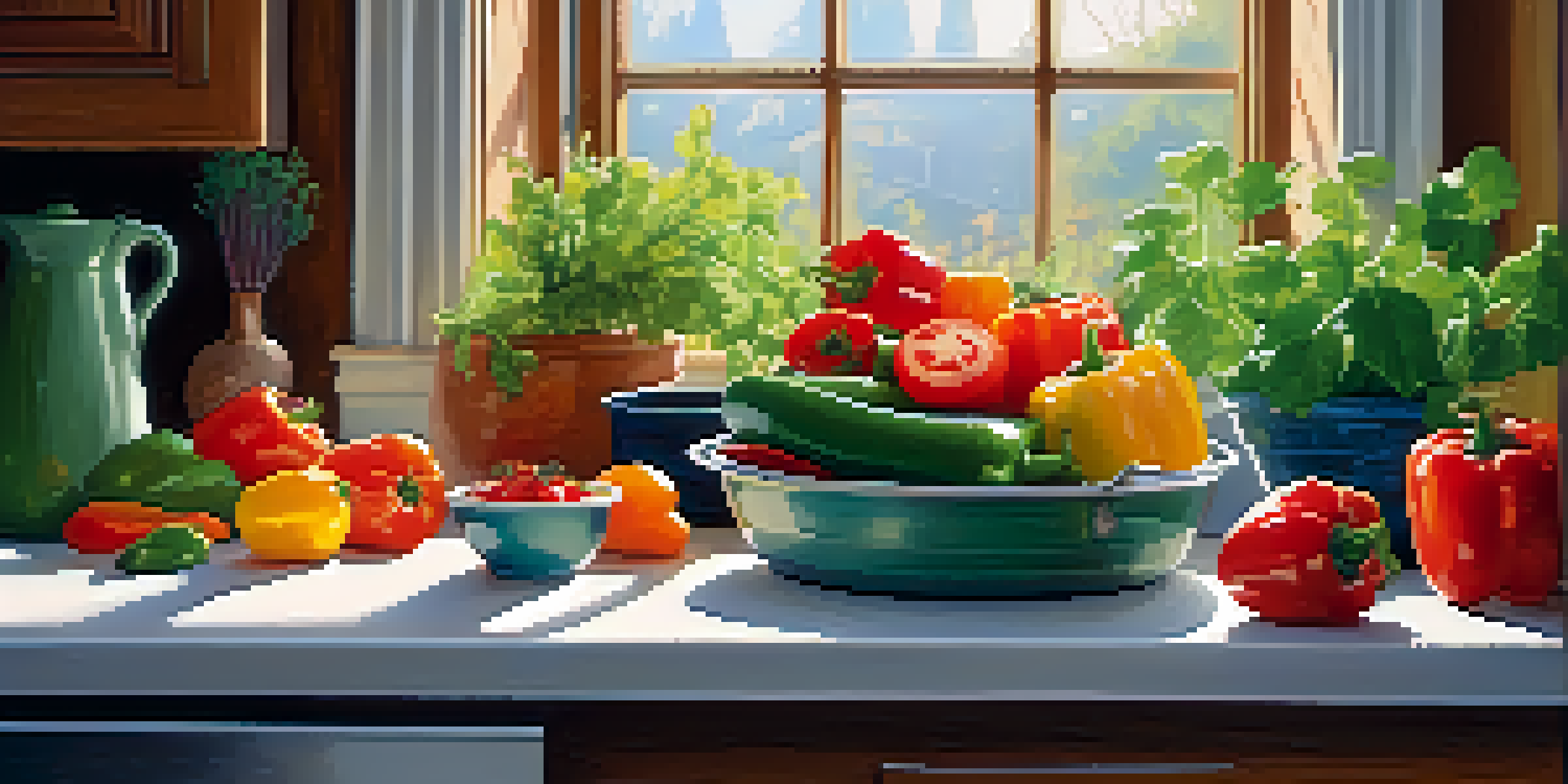 A sunlit kitchen featuring a wooden table filled with fresh, colorful vegetables and an open cookbook showcasing a plant-based recipe.